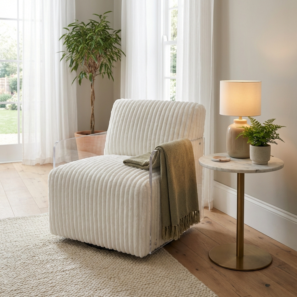The Paxton Velvet Swivel Chair in Green & White features soft velvet, clear armrests and 360° swivel design for a modern, luxurious seating experience