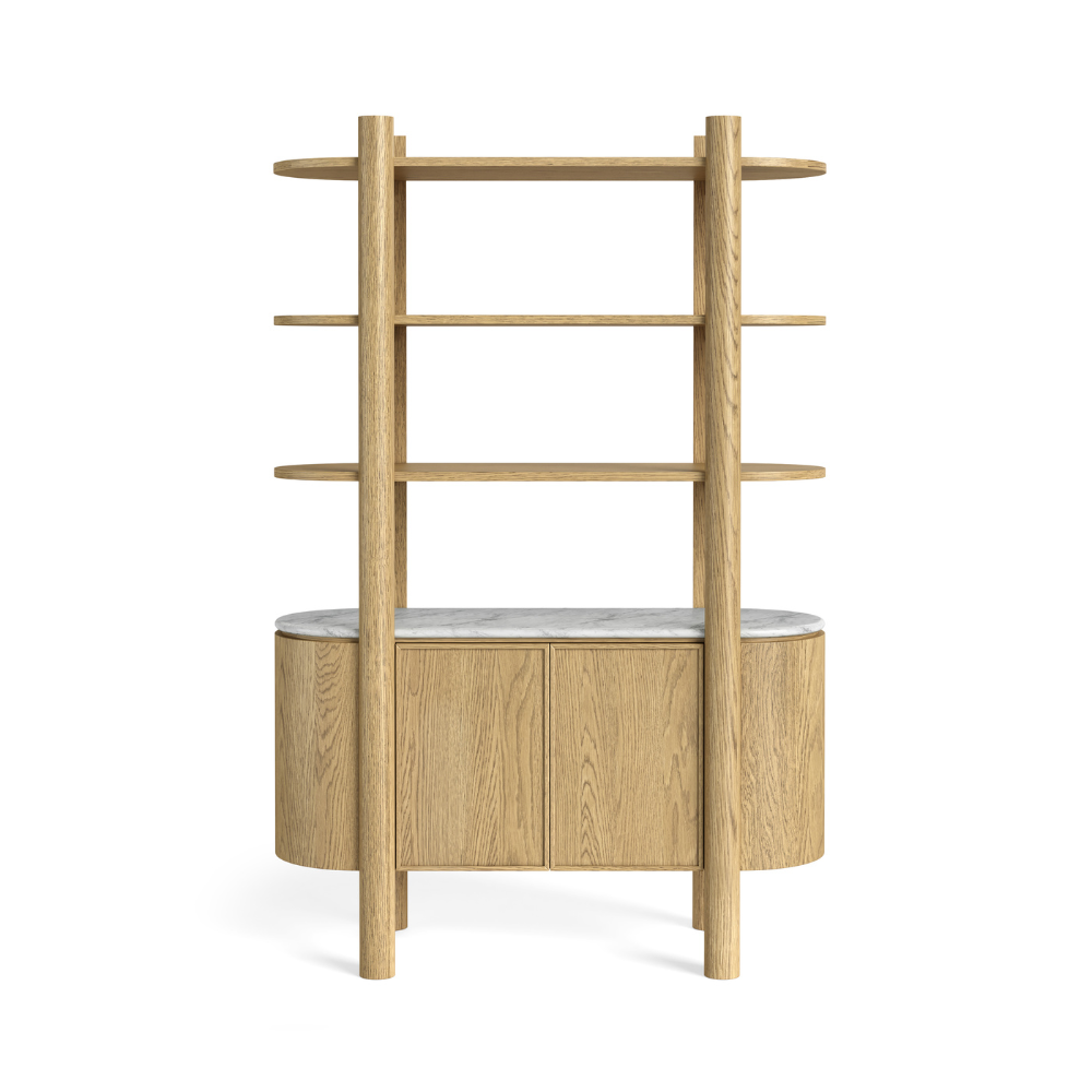 The Phoenix Bookcase in oak offers a marble top, 3 open shelves and 2 lower cabinets, combining stylish display with hidden storage for modern living spaces
