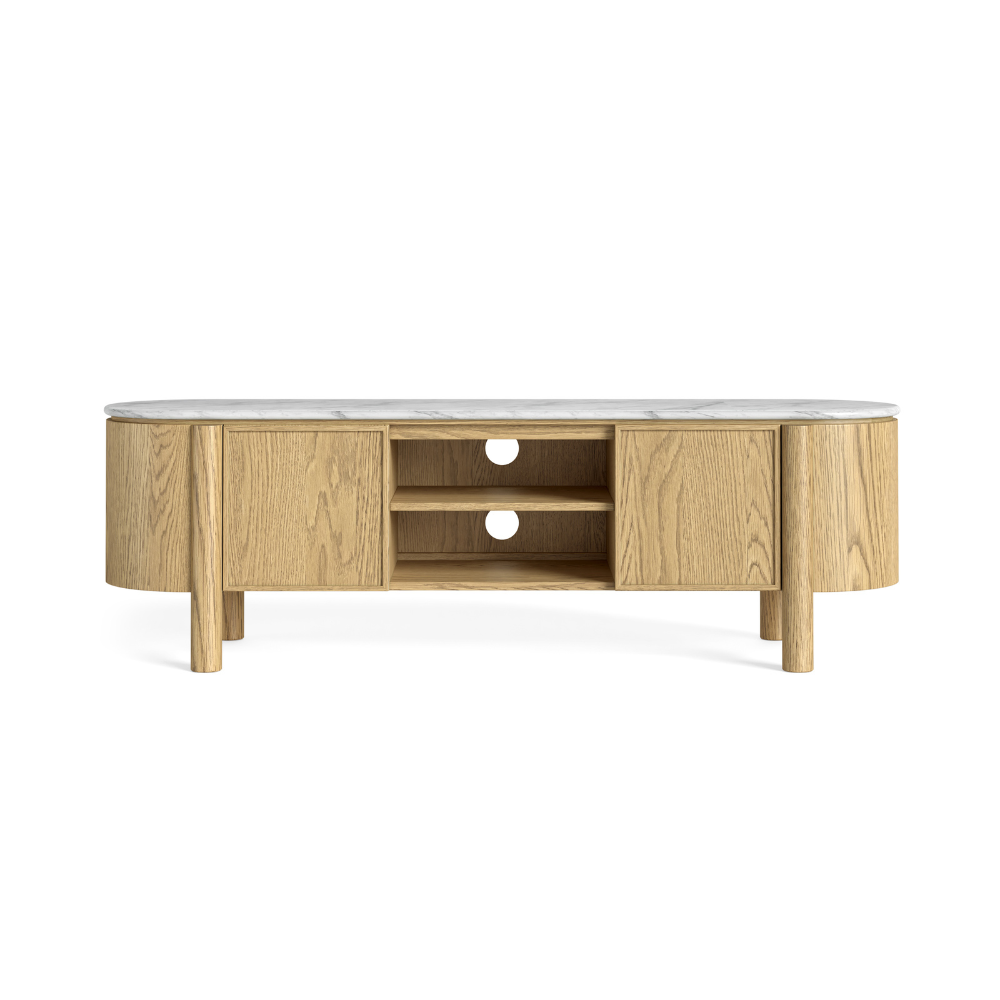 The Phoenix Small TV Unit features a marble top, shelves and side cabinets along with an oak finish for an elegant design with smart storage spaces