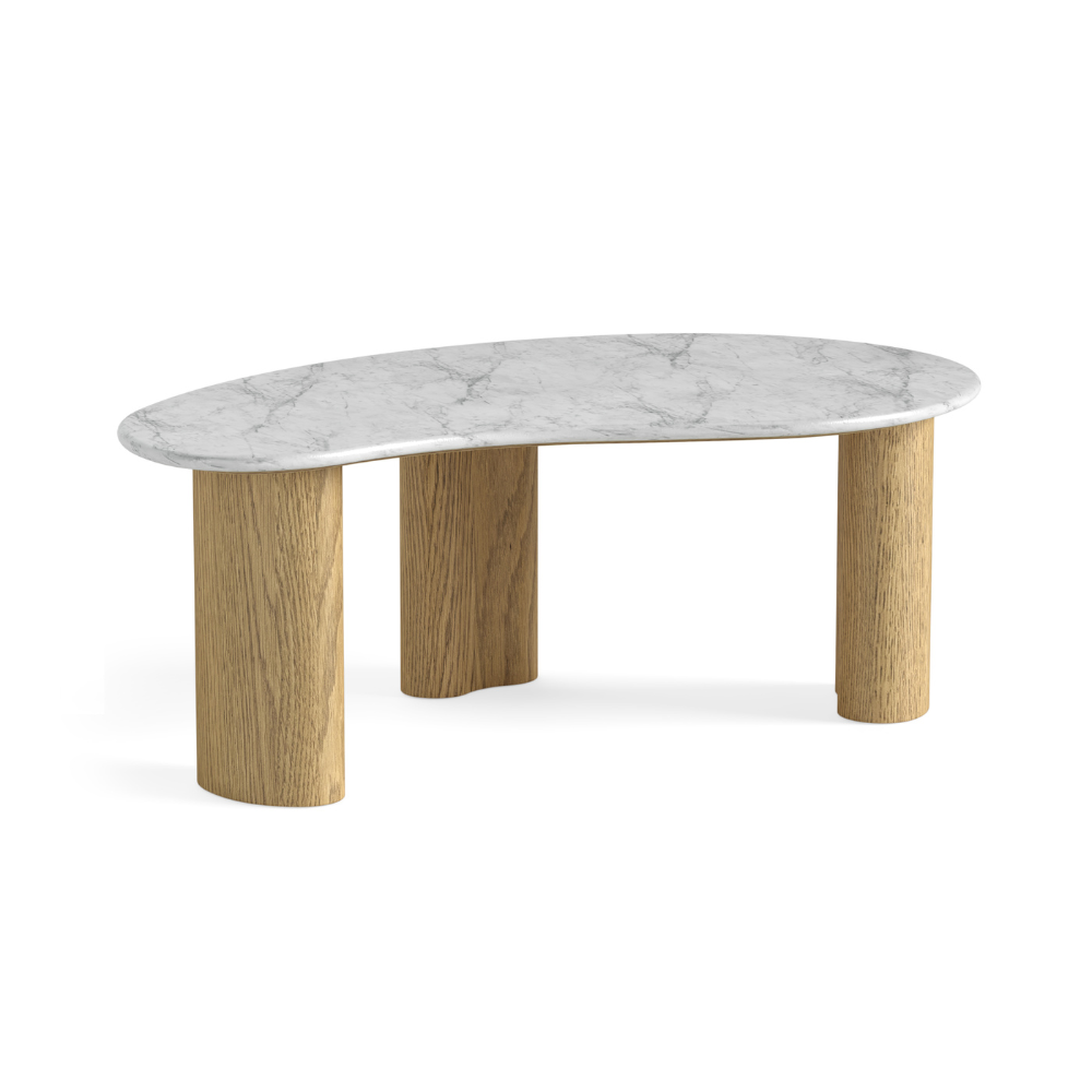 The Phoenix Tear Drop Coffee Table with marble top and oak legs, where organic design meets timeless elegance for a standout living room centrepiece