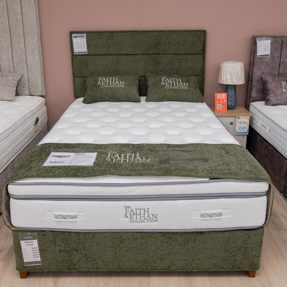 The Platinum Fabric Headboard and Manor Divan features horizontal panel design, tucked detail, custom fabric, colour & size options, to compliment any bed style