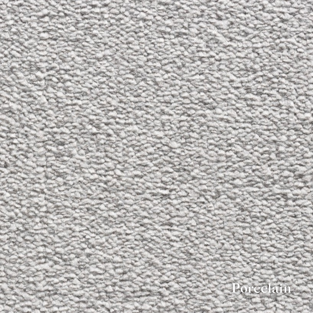 Close-up of gray textured fabric with 'Porcelain' label