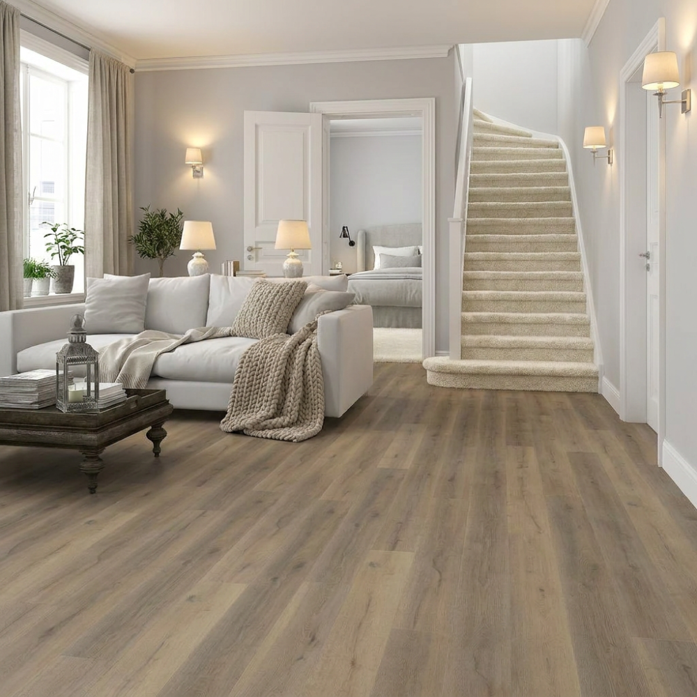 Living room with laminate flooring, carpet, white sofa, and staircase in the background