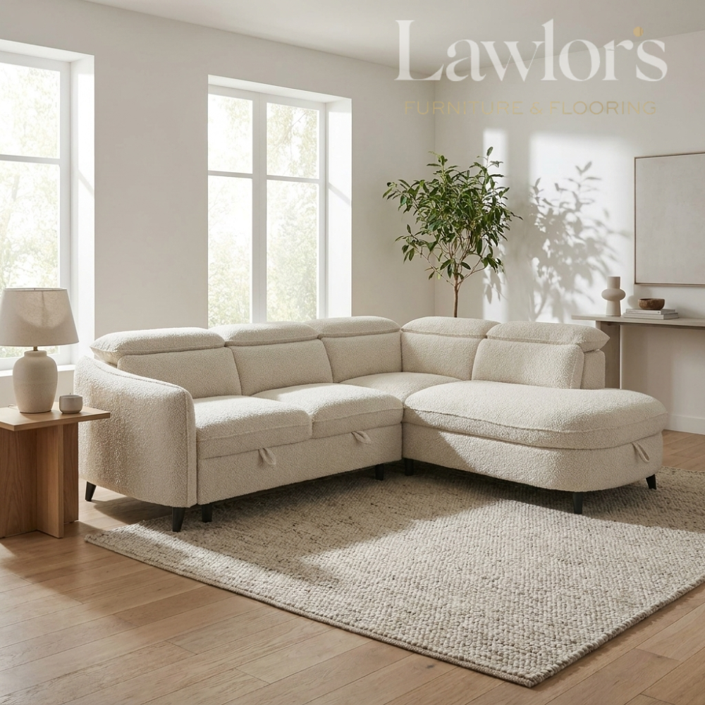 Beige sectional RHF corner sofa bed in a living room