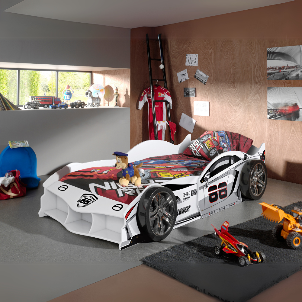 VIPACK Race Car Bed in White is a bed for kids featuring a slatted base, lacquered MDF & bold car design, perfect for racing dreams and fun filled bedtimes