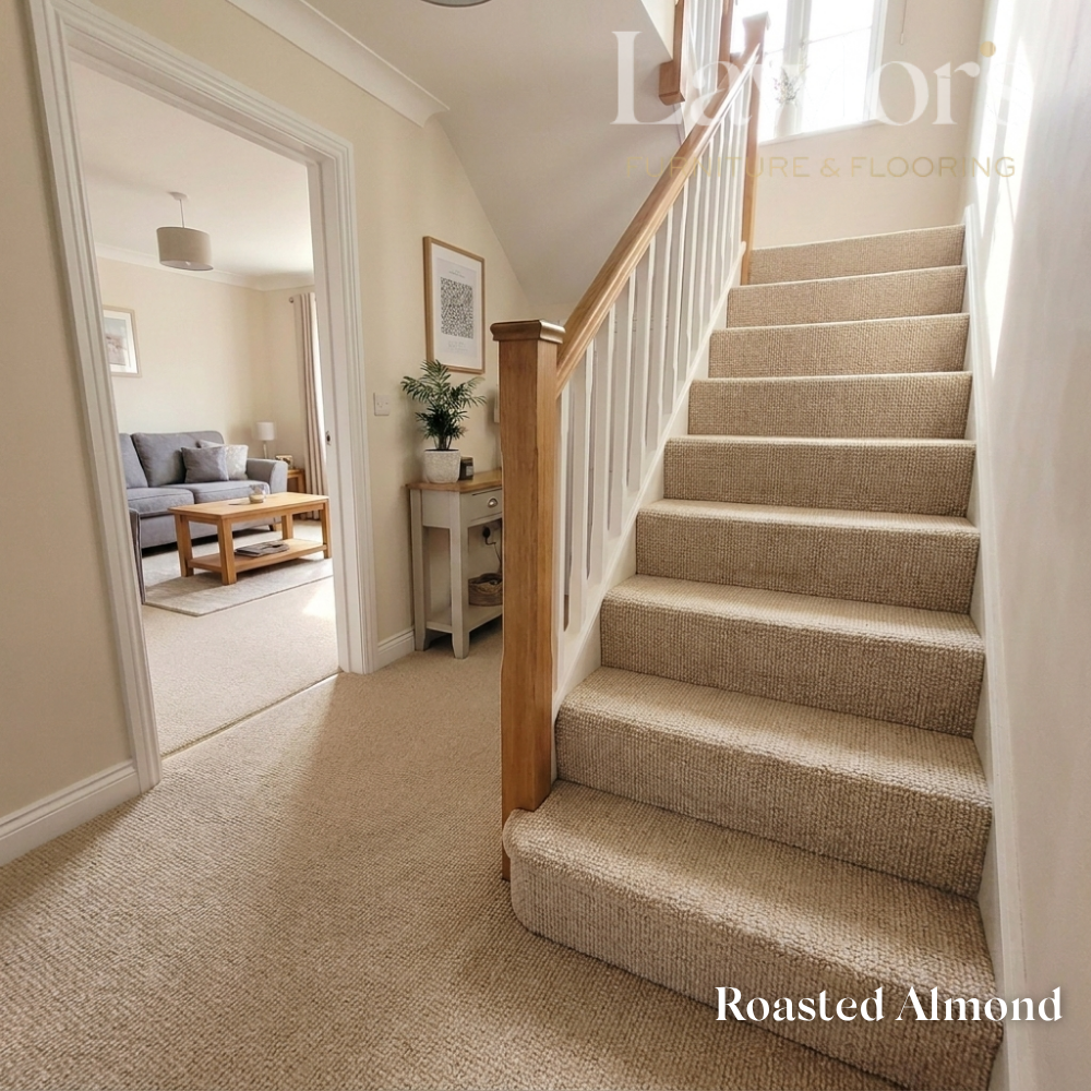 Staircase with carpeted steps in a home setting