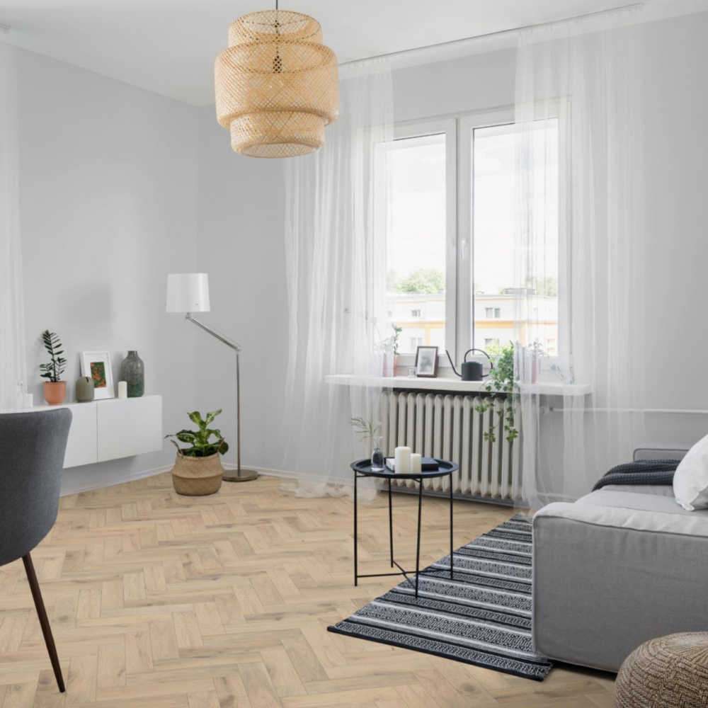 The Romantic Oak Herringbone Engineered Flooring - 15mm features natural grains, multi layer stability and brushed matt lacquer finish