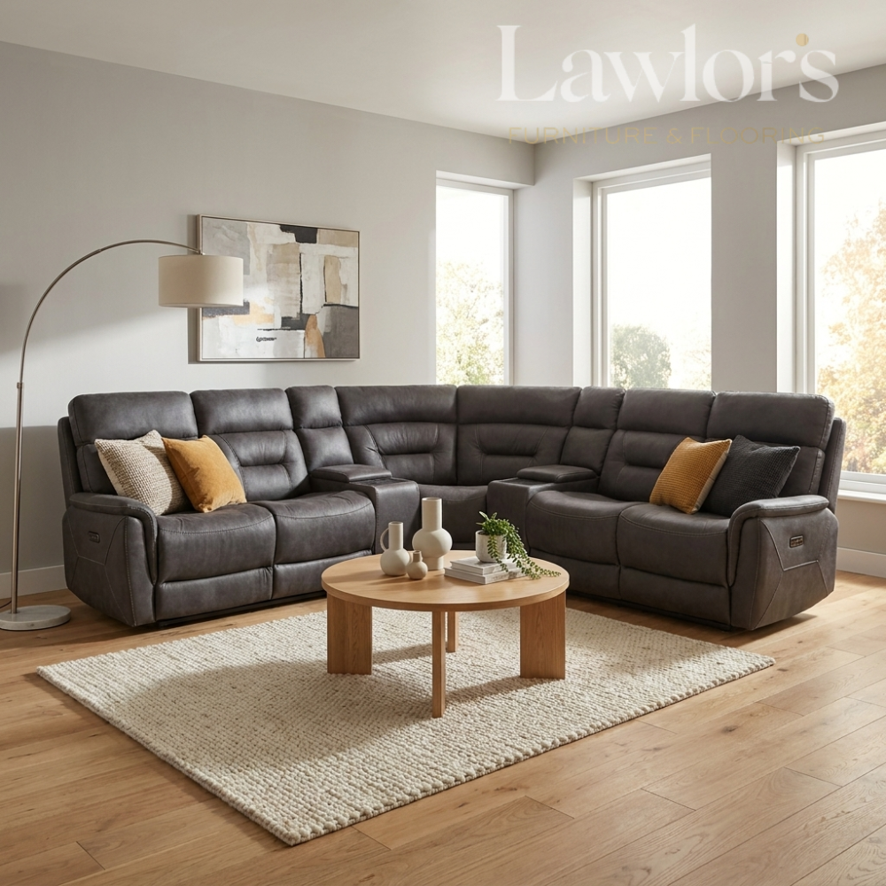 Gray sectional corner sofa in a living room