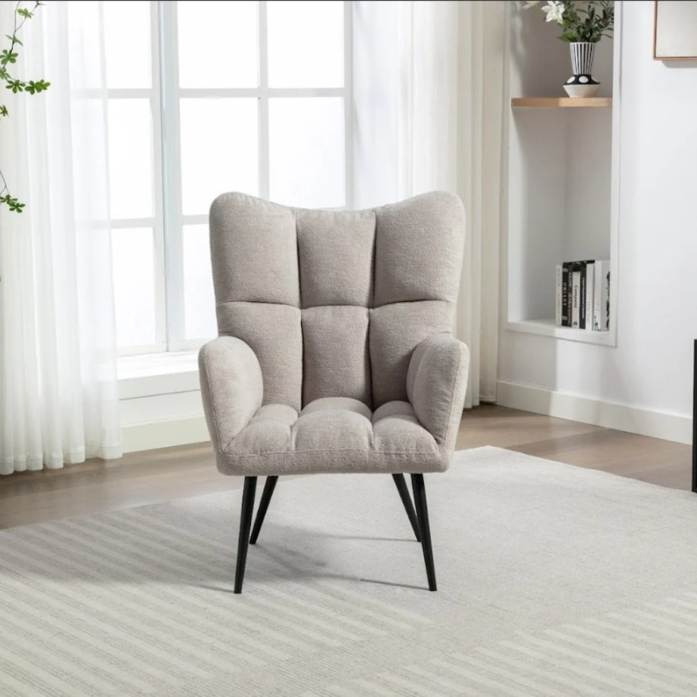 The Ronan Accent Chair in Rust, Green & Light Grey features soft flat bouclé fabric, plush comfort and modern curves for a stylish and inviting seat