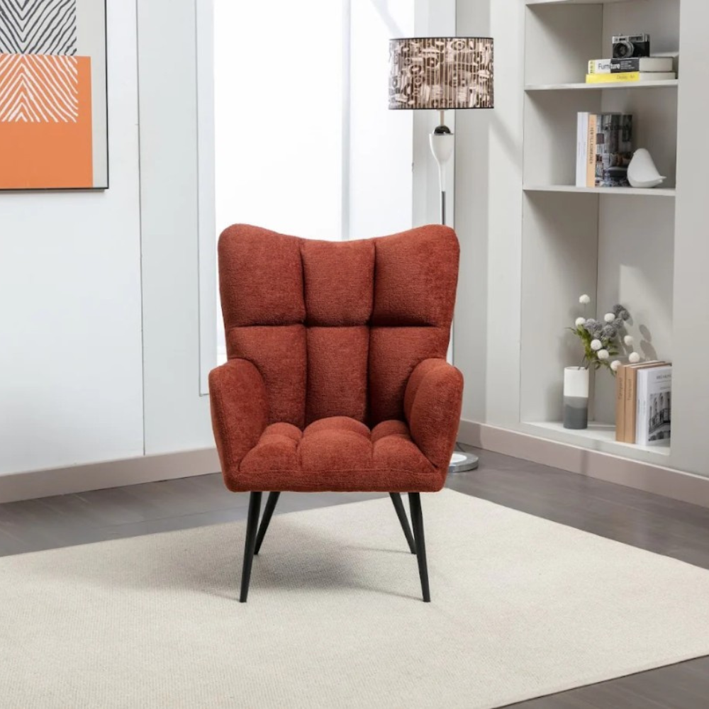 The Ronan Accent Chair in Rust, Green & Light Grey features soft flat bouclé fabric, plush comfort and modern curves for a stylish and inviting seat