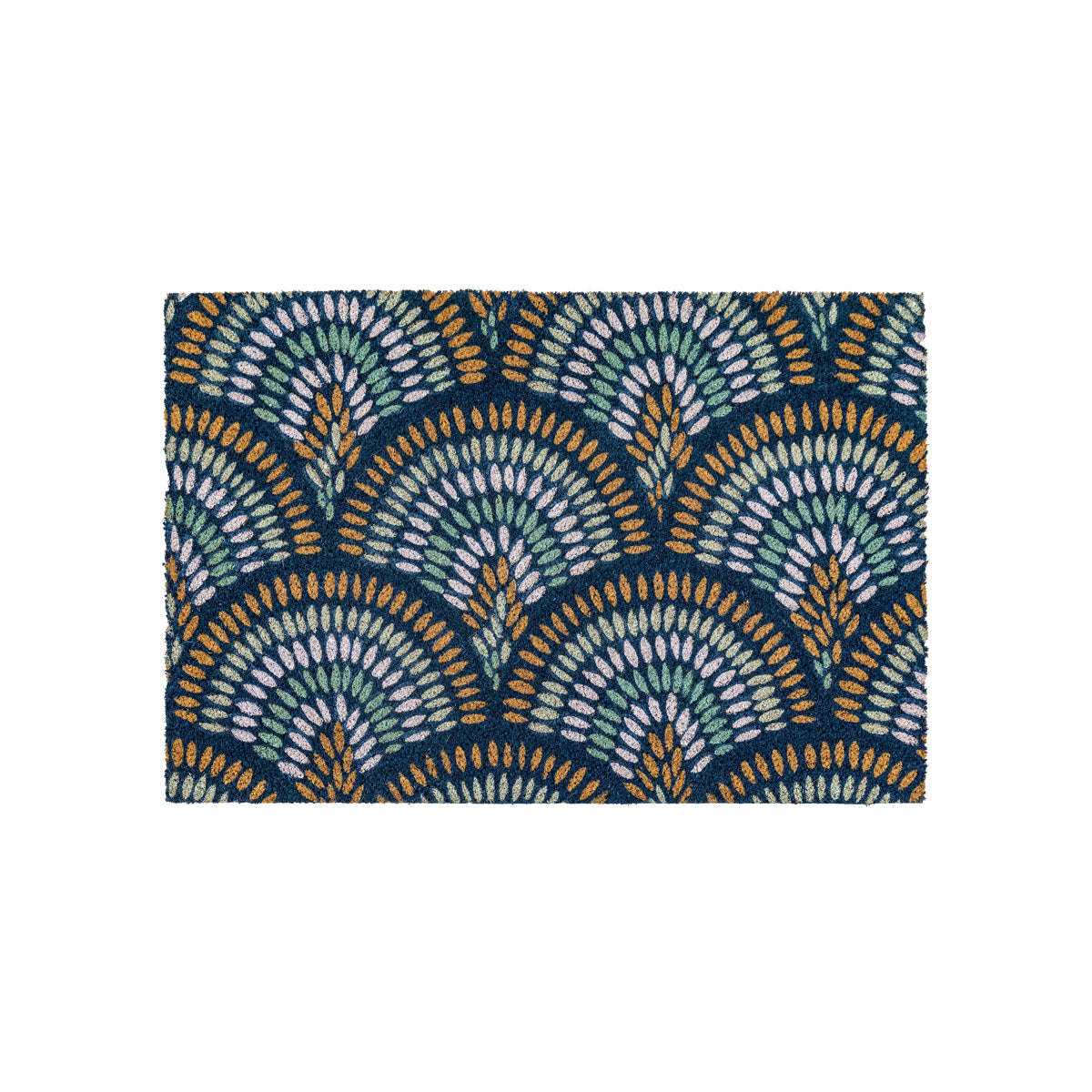 Ikat Navy Peacock Doormat, 60x90cm, durable coir, stylish peacock-inspired design, efficiently removes dirt. Add elegance and functionality to your entryway