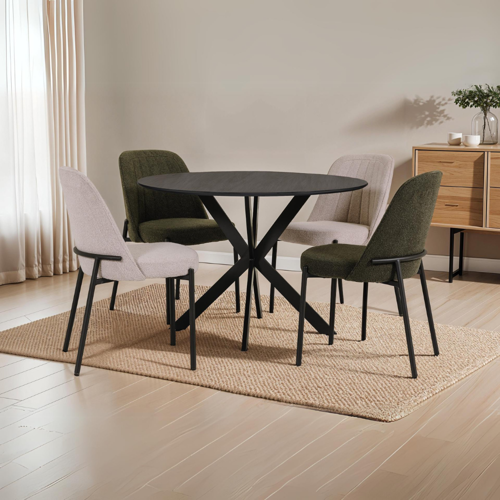 The Sadia Oak Round Dining Table 1100mm in Grey features heat, stain and scratch-resistant top with modern black metal legs.