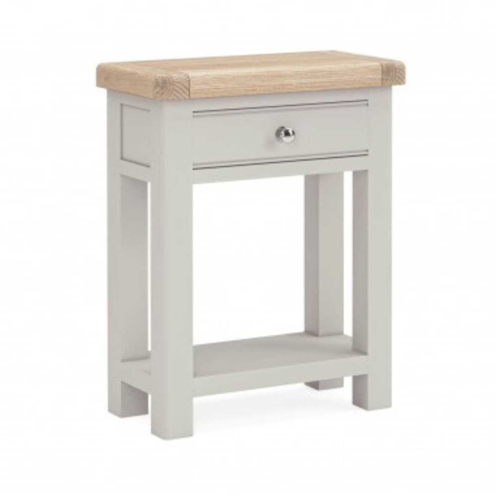 The Salcombe Telephone Table - Light Grey offers a durable oak veneer top, storage drawer, and lower shelf for a modern design.