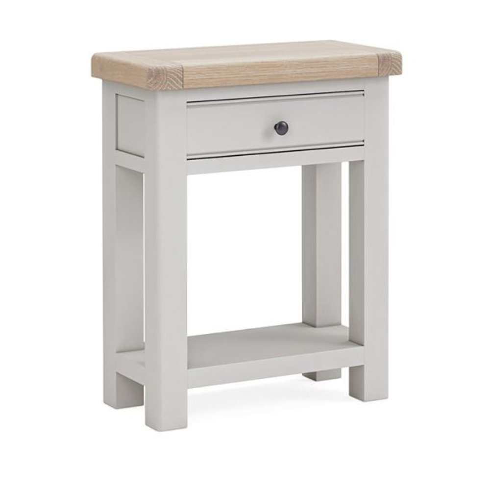 The Salcombe Telephone Table - Light Grey offers a durable oak veneer top, storage drawer, and lower shelf for a modern design