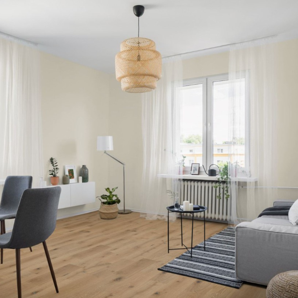 The Santorini White Oak Engineered Flooring - 15mm features warm tones, white grains, durable multi layer construction, easy to install and eco-friendly