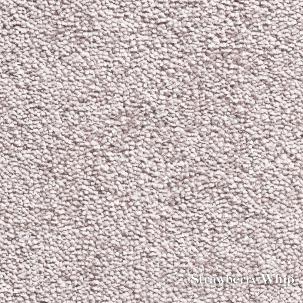 Close-up of a textured beige carpet with 'Strawberry Whip' branding.