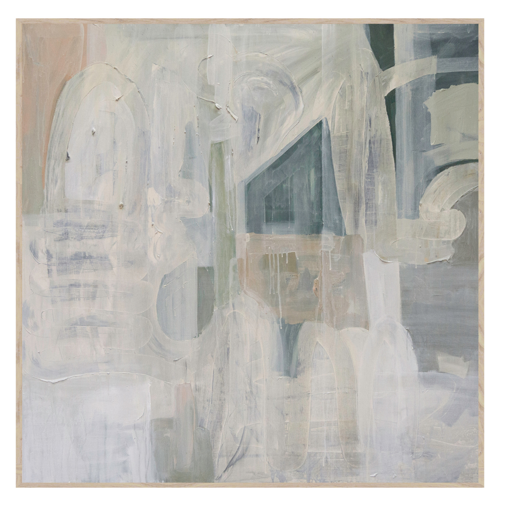 The Scatter Box Halbert Blue/Natural Art 122x122x4cm offers hand-painted cotton canvas, soft blue hues, light pine wood frame