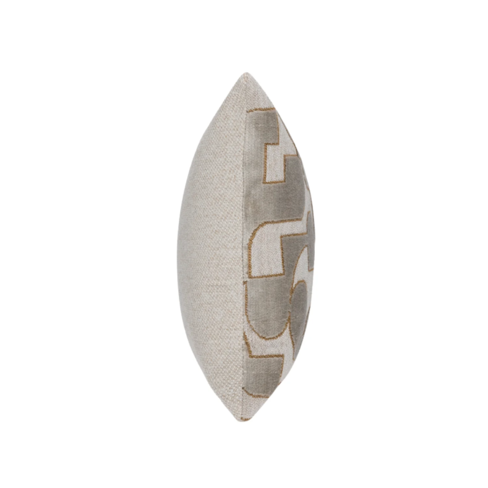 The Scatter Box Carter Natural Cushion 43x43cm features elegant gold detailing, a sleek knife-edge finish a neutral-toned palette & handcrafted in Ireland.