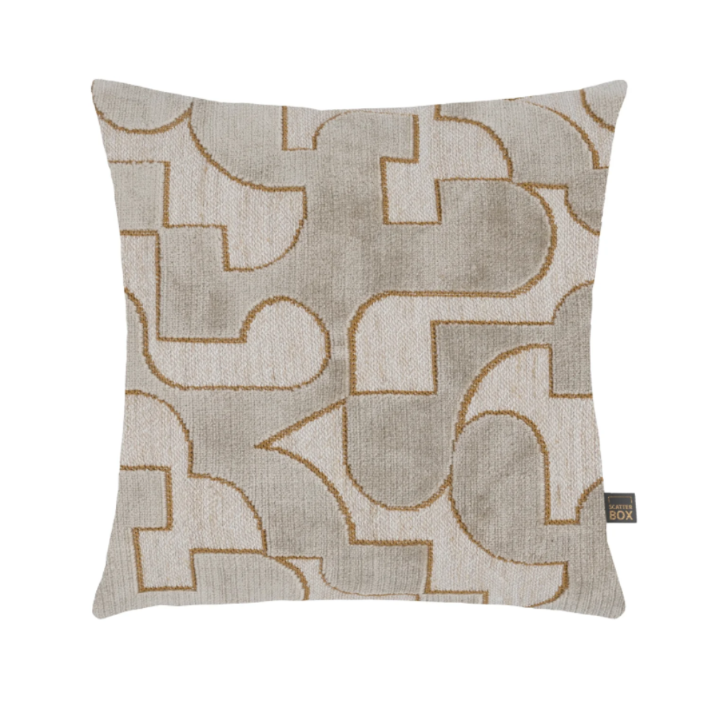 The Scatter Box Carter Natural Cushion 43x43cm features elegant gold detailing, a sleek knife-edge finish a neutral-toned palette & handcrafted in Ireland.