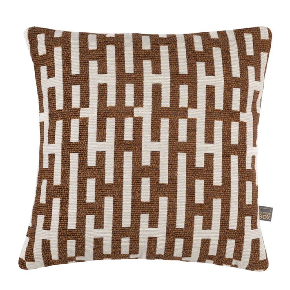Scatter Box Cushion Hugo - 43x43cm Cognac. Crafted in Ireland with a luxurious fabric blend and feather filling for comfort and elegance. Perfect for any home.