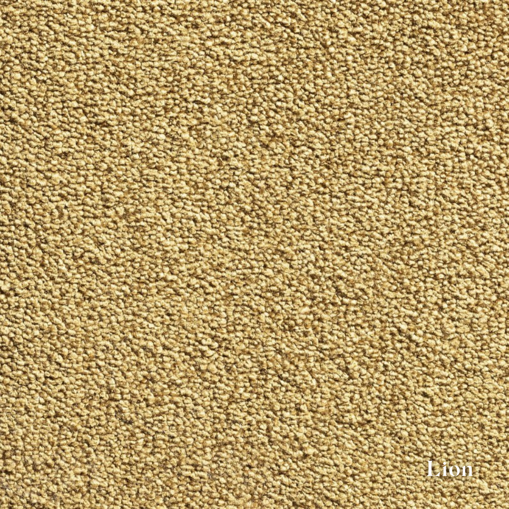 Close-up of beige carpet texture with 'Lion' brand name.