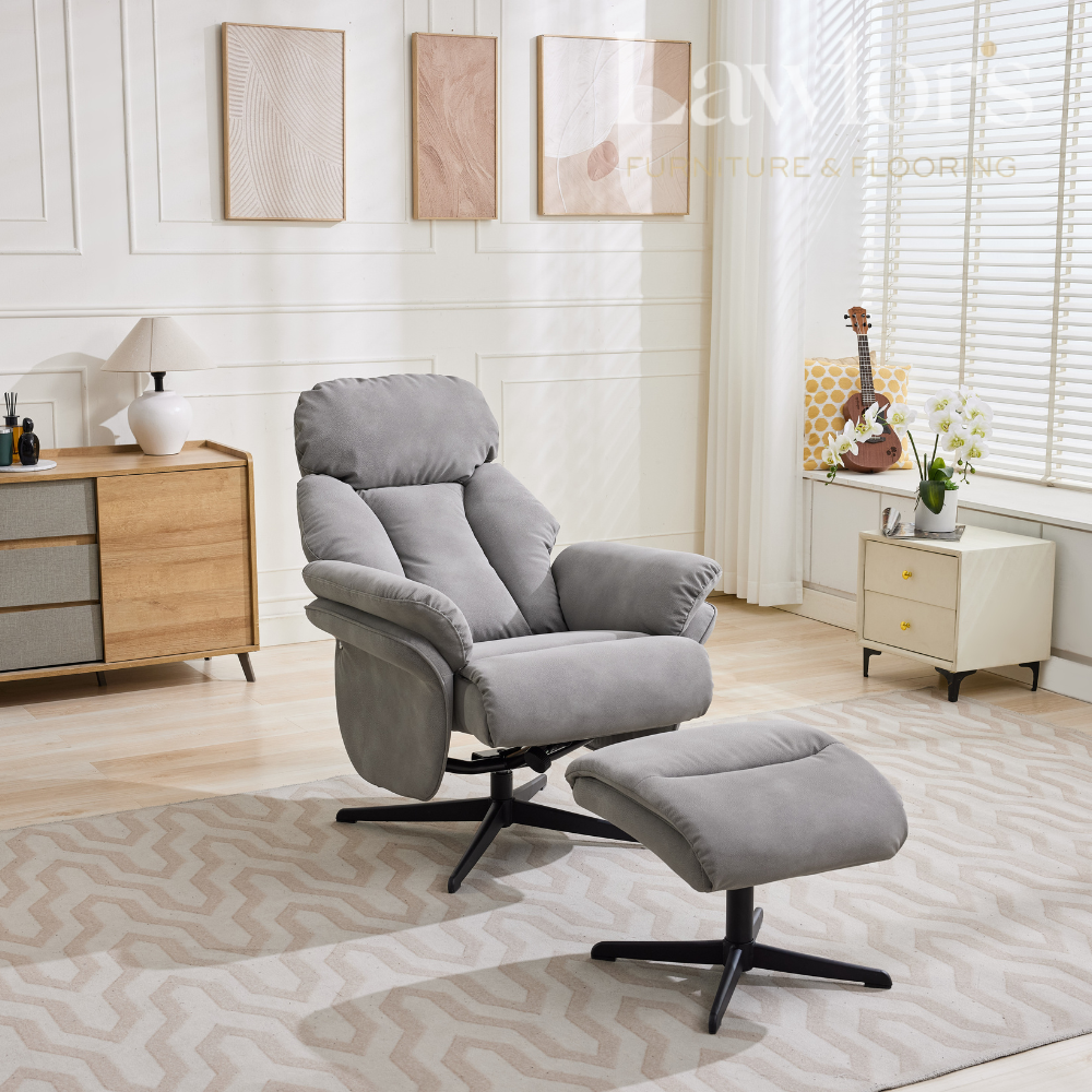 Light Grey leisure recliner chair with ottoman in a living room setting