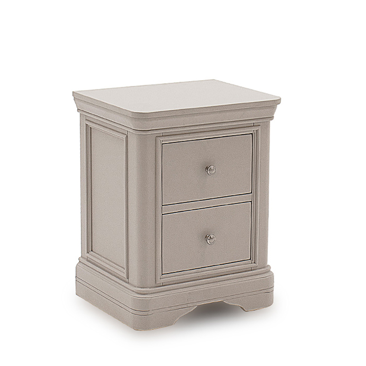 The Marven Bedside Locker features a Taupe painted finish, silver handles, elegant curves and durable design.