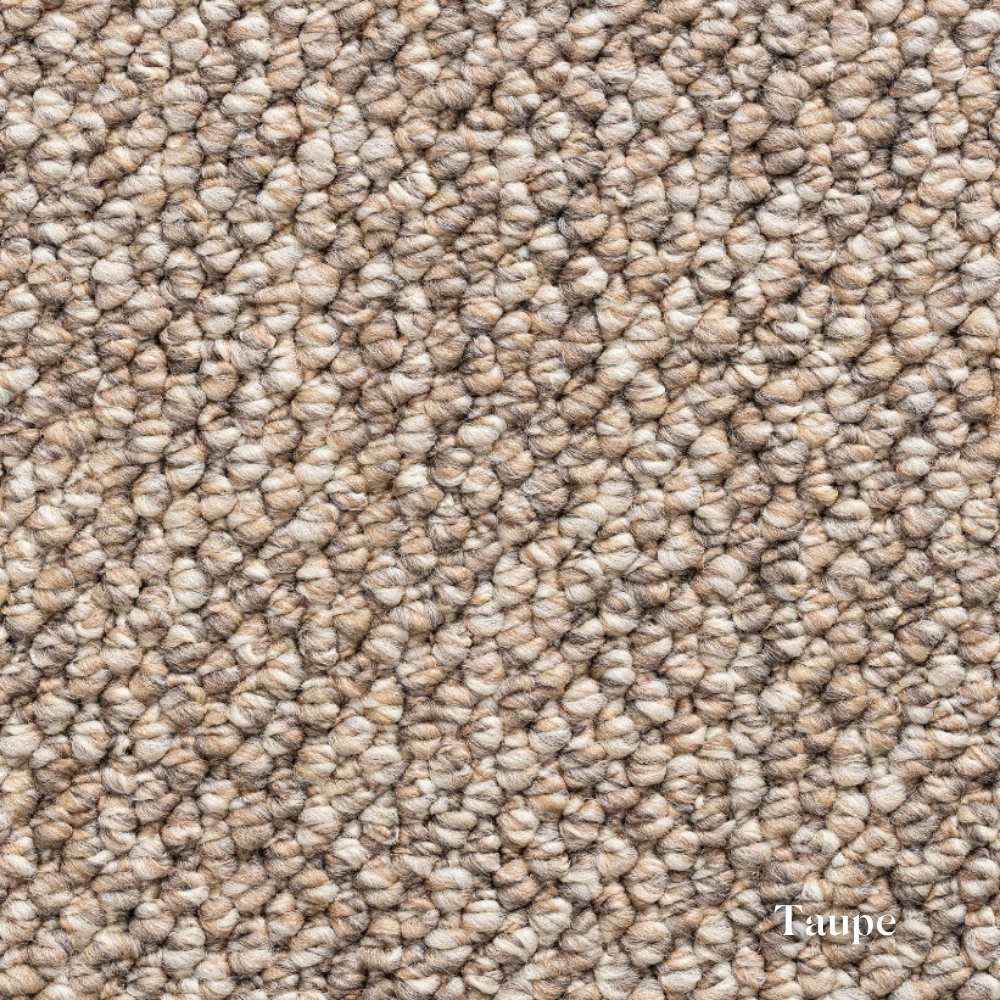 Close-up of taupe carpet texture with 'Taupe' label