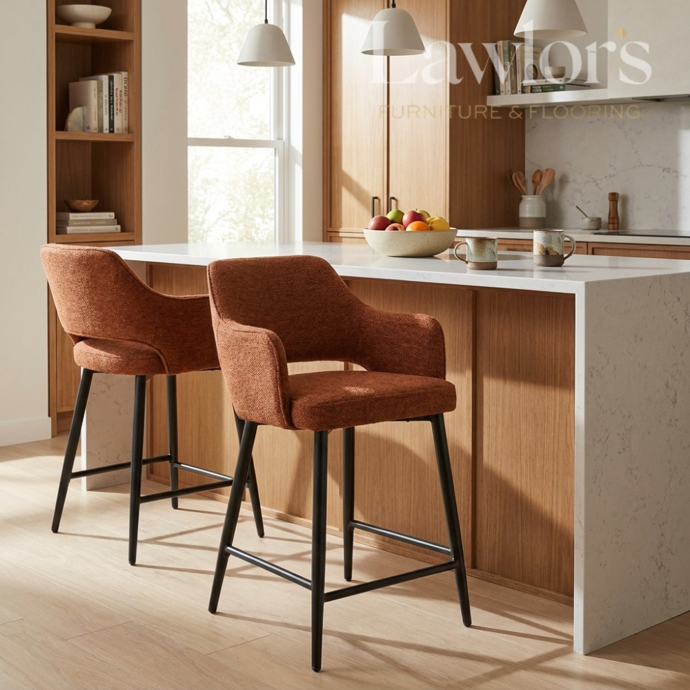 Two brown bar stools in a modern kitchen setting