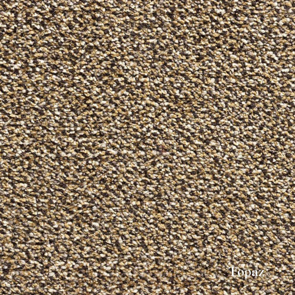 Close-up of a textured brown carpet with 'Topaz' branding.