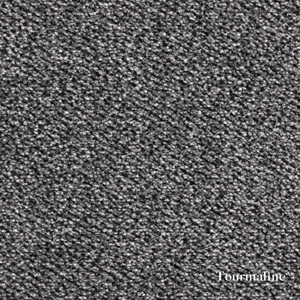 Close-up of gray textured carpet with 'Tourmaline' brand name.