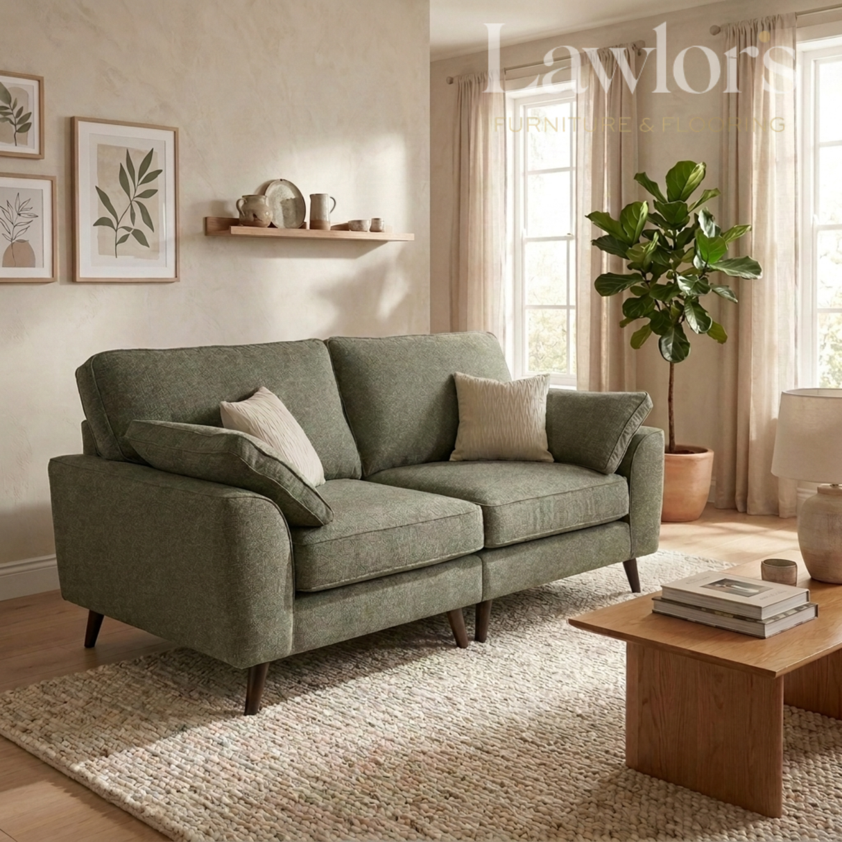 Green 4 seater fabric sofa in a living room