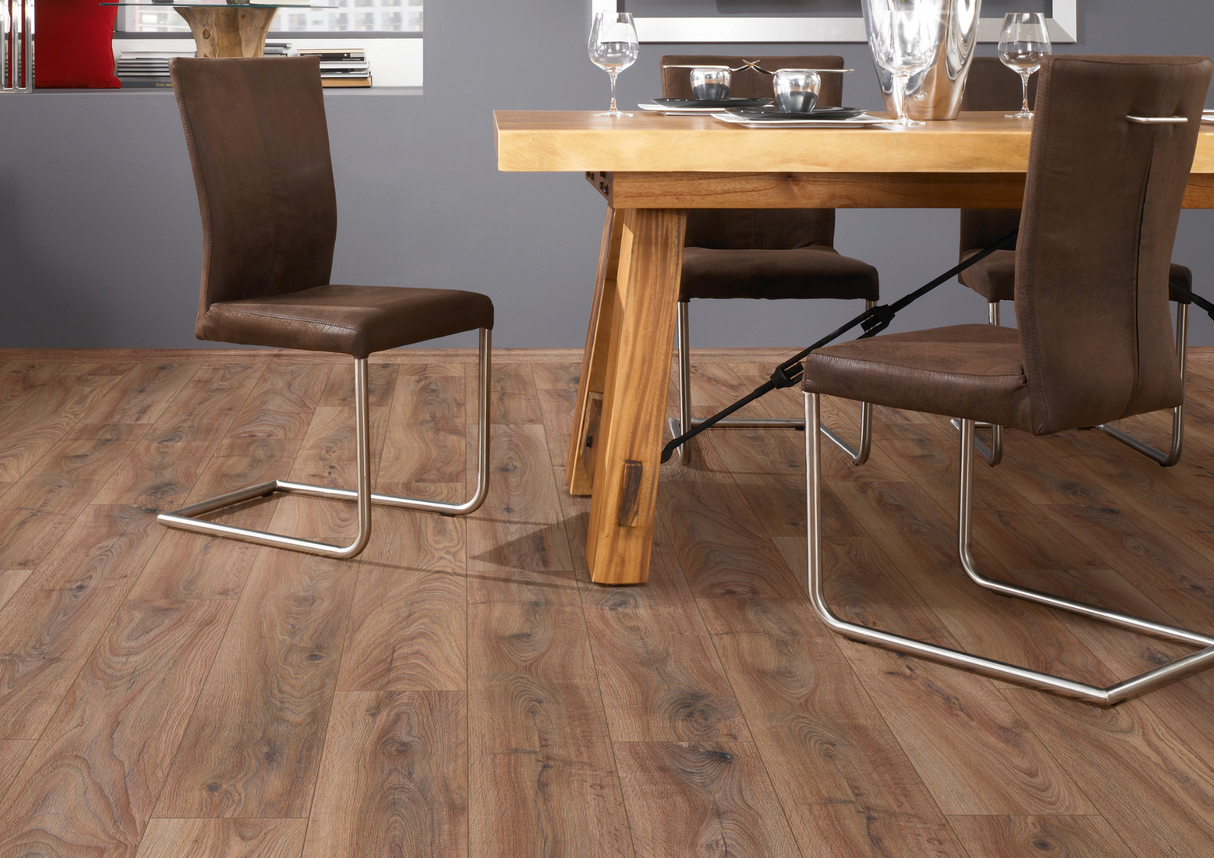 The Cashmere Oak Long & Wide Laminate Flooring - 12mm features AC5 wear rating, waterproof, 30-year guarantee, authentic wood look, underfloor heating compatible, easy installation.
