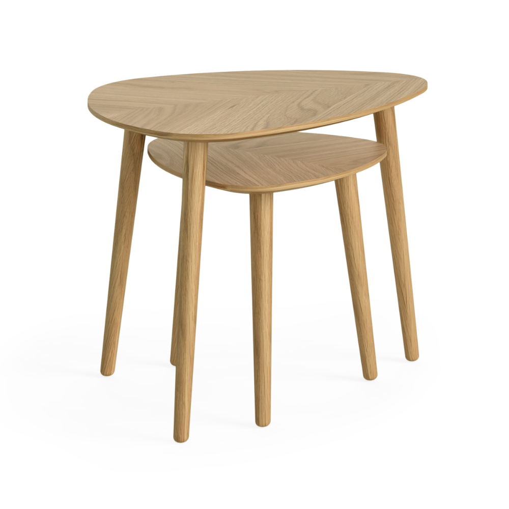 The Valencia Nest of Tables features a sleek high gloss finish and unique triangular oval tops, combining modern style with space saving practicality