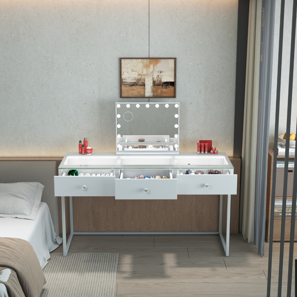 The Vanitti Billie 3 Dresser & 15 Bulb Mirror set features a sleek white design, dimmable 3 colour lighting, Bluetooth speaker and USB charging port