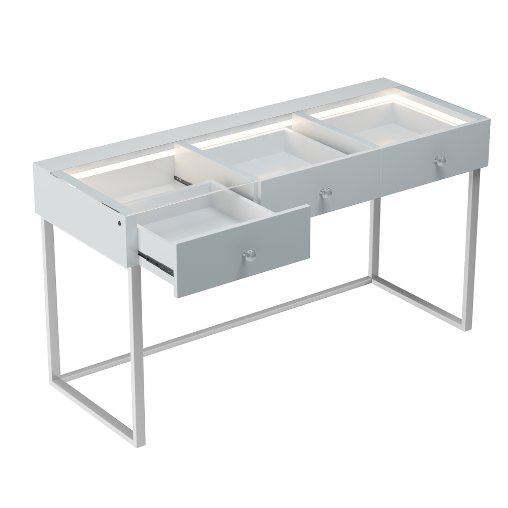 The Vanitti Billie 3 Dresser & 15 Bulb Mirror set features a sleek white design, dimmable 3 colour lighting, Bluetooth speaker and USB charging port
