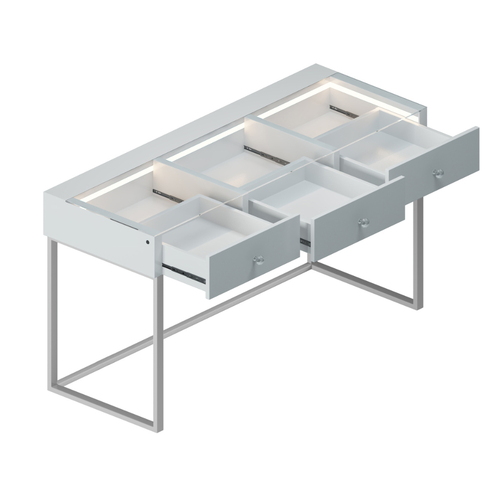 The Vanitti Billie 3 Dresser & 15 Bulb Mirror set features a sleek white design, dimmable 3 colour lighting, Bluetooth speaker and USB charging port