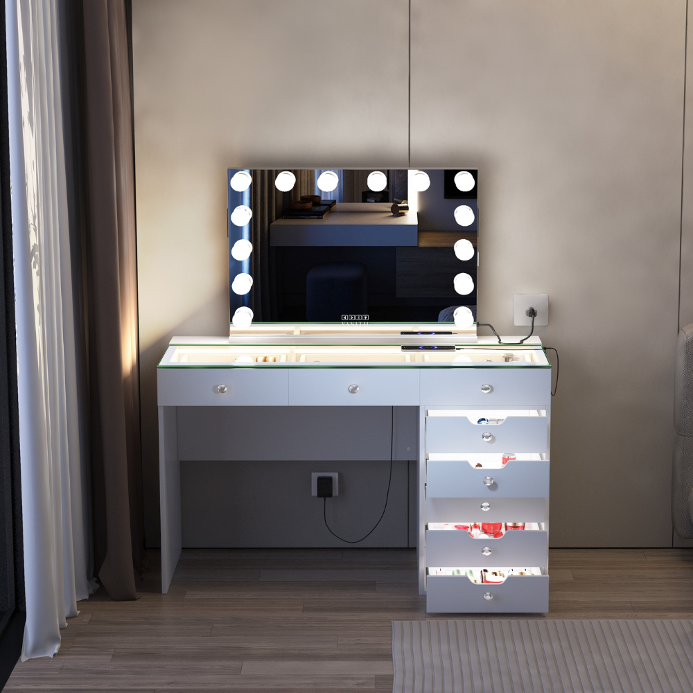 The Vanitti Eva 18 Drawer Dresser & 14 Bulb Hollywood Mirror Set features LED lighting, Bluetooth speaker, USB/Type-C ports and adjustable brightness