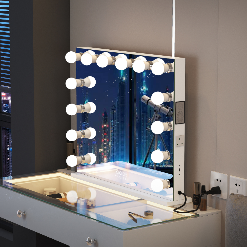 The Vanitti Eva 18 Drawer Dresser & 14 Bulb Hollywood Mirror Set features LED lighting, Bluetooth speaker, USB/Type-C ports and adjustable brightness