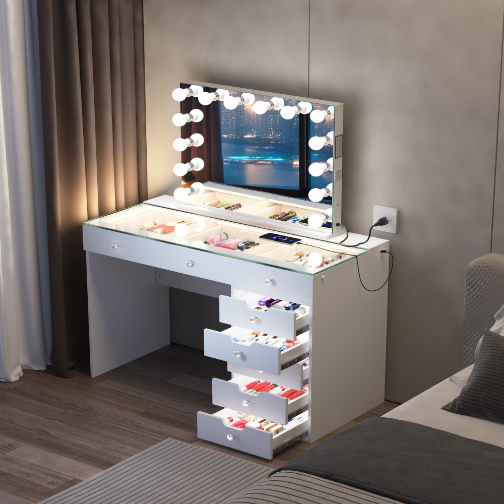 The Vanitti Eva 18 Drawer Dresser & 14 Bulb Hollywood Mirror Set features LED lighting, Bluetooth speaker, USB/Type-C ports and adjustable brightness