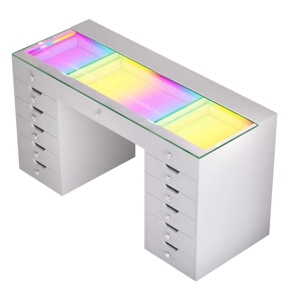 The Vanitti Eva 13 Drawer Dresser & 15 Bulb Hollywood Mirror Set offers RGB lighting, Bluetooth speaker, USB/Type-C ports and smart adjustable illumination