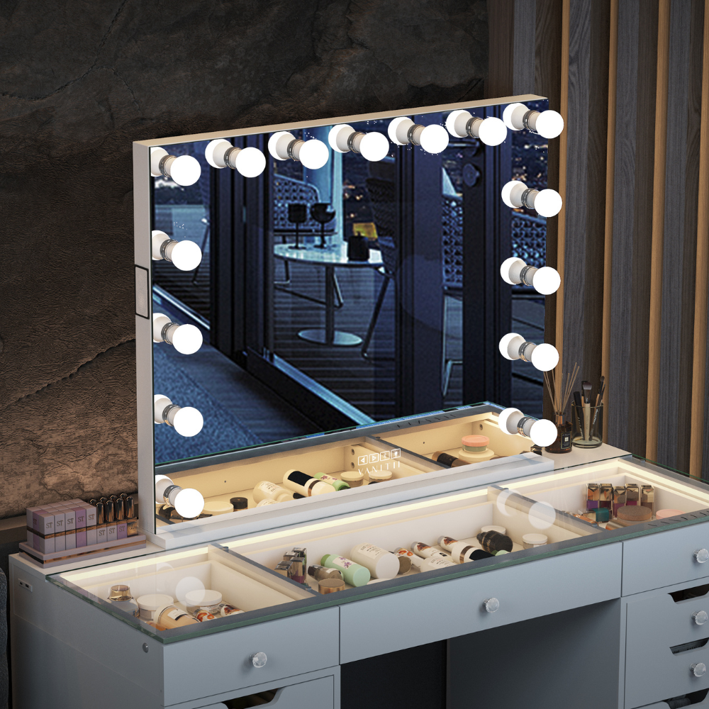 The Vanitti Eva 13 Drawer Dresser & 15 Bulb Hollywood Mirror Set offers RGB lighting, Bluetooth speaker, USB/Type-C ports and smart adjustable illumination