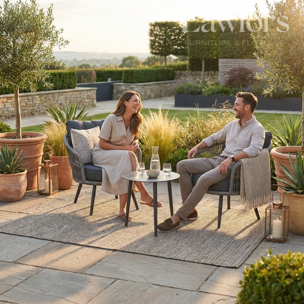 Man and woman sitting on outdoor garden furniture set with plants and lanterns.