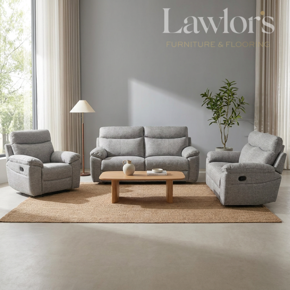Dark brown sofa set with recliners in a modern living room