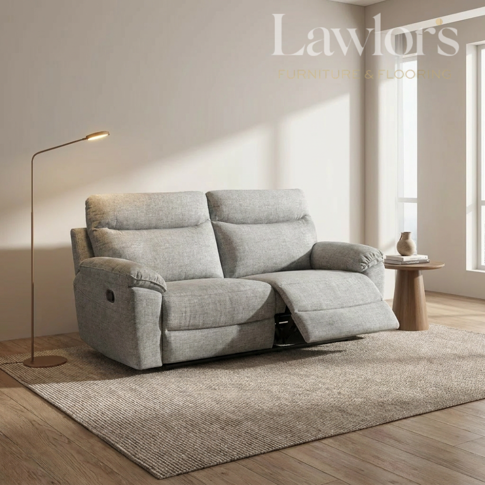 Light brown 3 seater recliner sofa in a modern living room