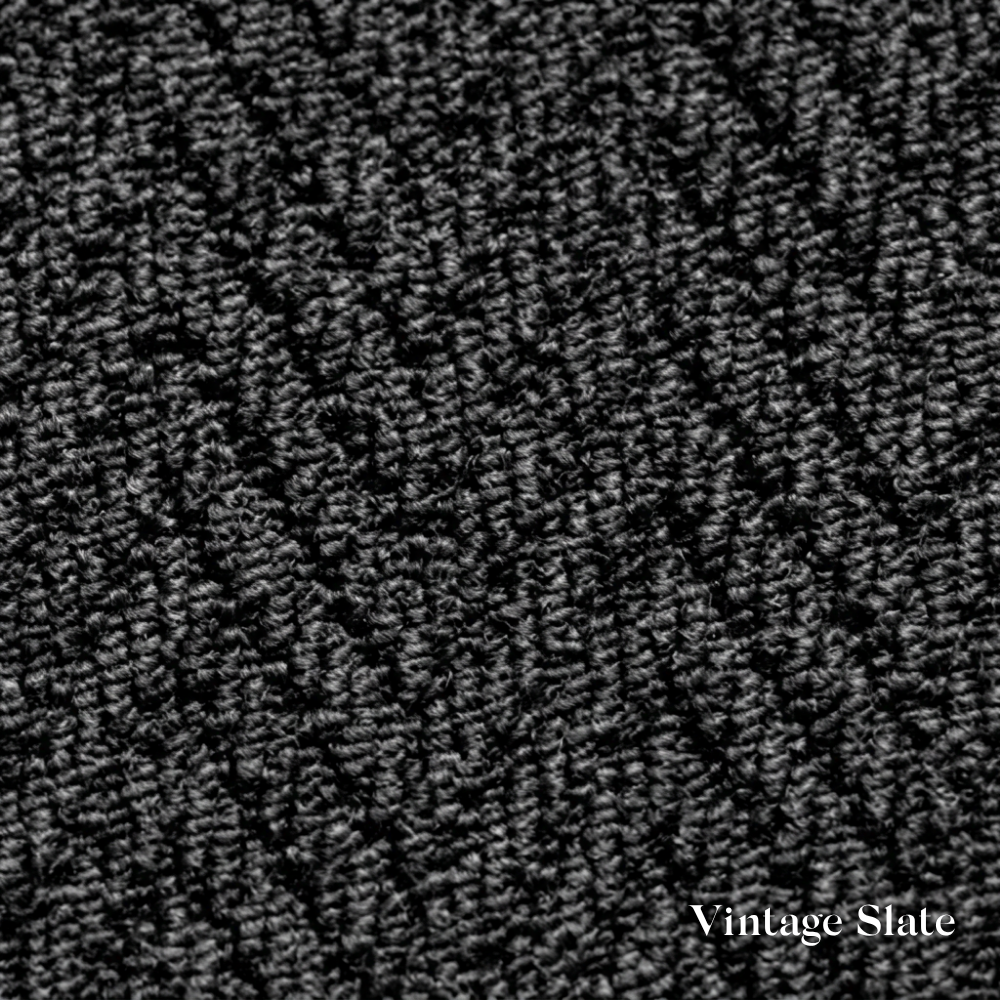 Close-up of textured fabric with 'Vintage Slate' label