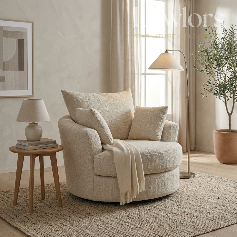 Beige swivel armchair in a living room with a side table, lamp, and plant.