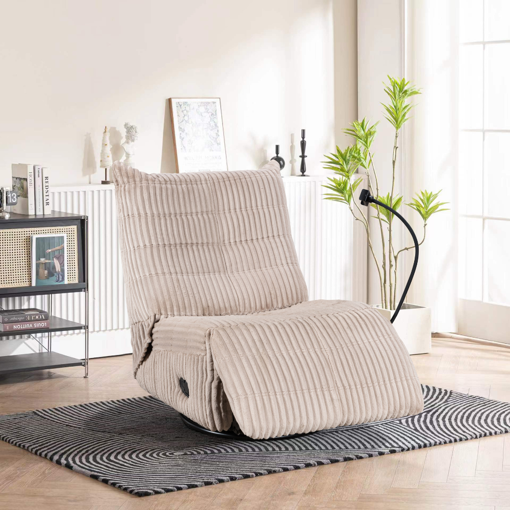 The Viva Swivel Recliner Chair in Taupe features swivel and recline functions, soft ribbed fabric and mobile phone holder