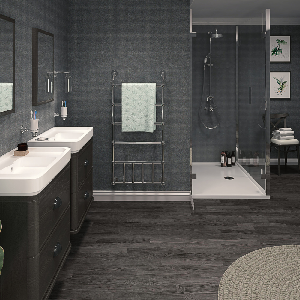 The Aquaply Harmony Zinc wall panel features a metallic style finish with easy installation, antibacterial protection and a 35 year guarantee