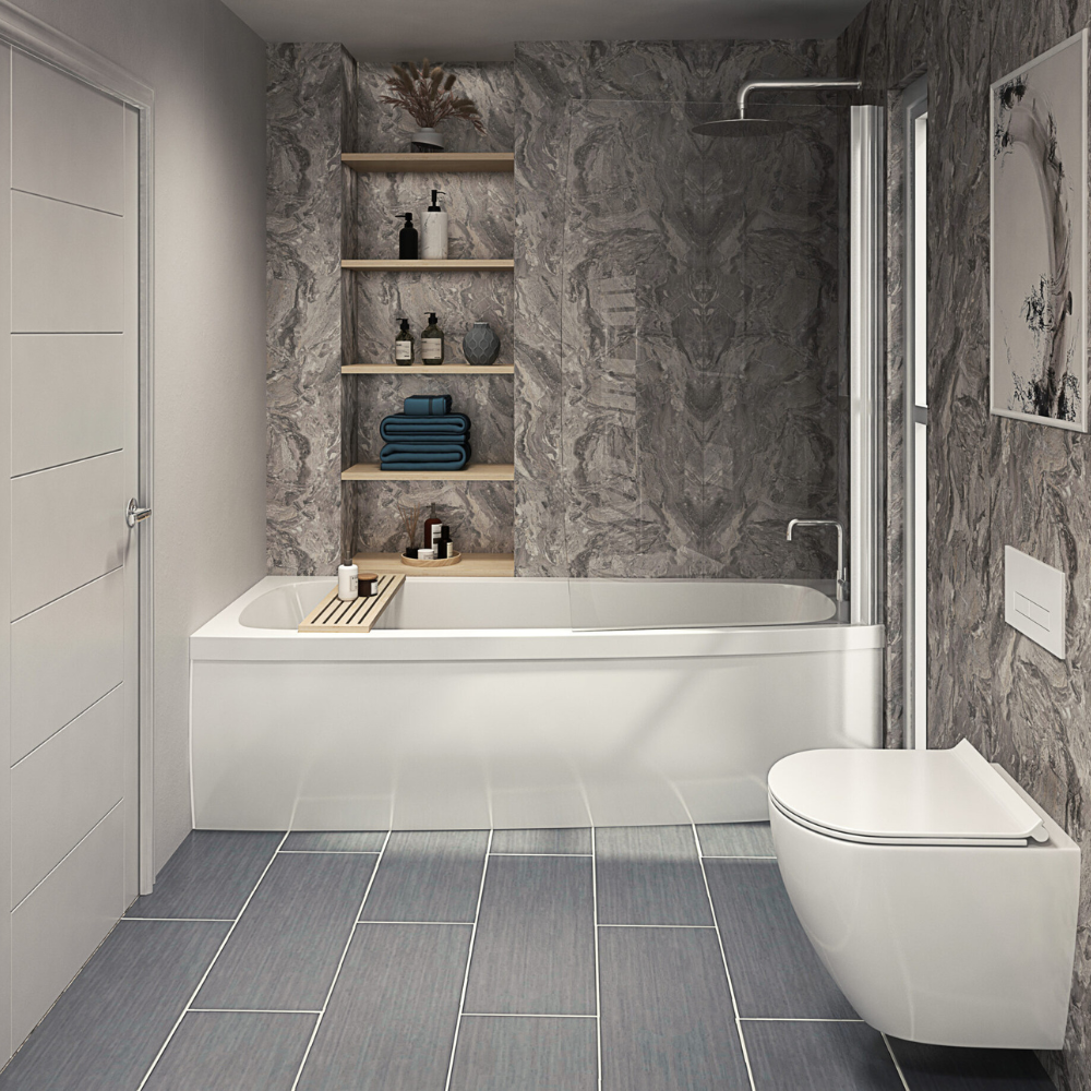 The Aquaply Origins Toffee Marble wall panel brings beige and grey tones with easy installation, antibacterial protection and a 35 year guarantee